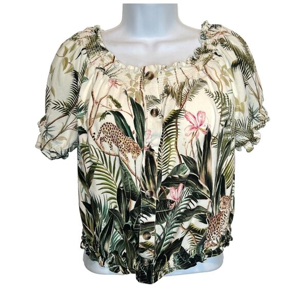 H&M Women's Size 10 Blouse Gathered Neck, Hem Cuffs Short Sleeve Cheetah Jungle - Picture 1 of 12